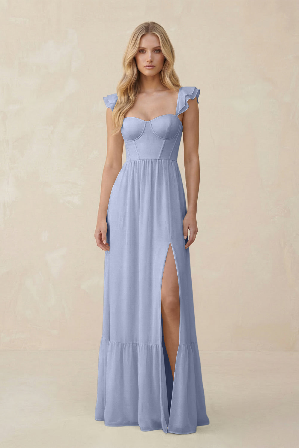 Sweetheart Ruffled Sleeve A-Line Chiffon Bridesmaid Dress in Ice