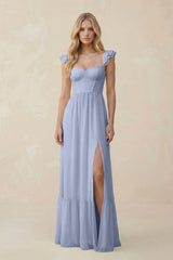 Sweetheart Ruffled Sleeve A-Line Chiffon Bridesmaid Dress in Ice | KISSBRIDAL