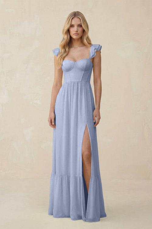 Sweetheart Ruffled Sleeve A-Line Chiffon Bridesmaid Dress in Ice | KISSBRIDAL