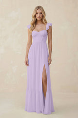 Sweetheart Ruffled Sleeve A - Line Chiffon Bridesmaid Dress in Lavender - KISS BRIDAL Bridesmaid Dresses