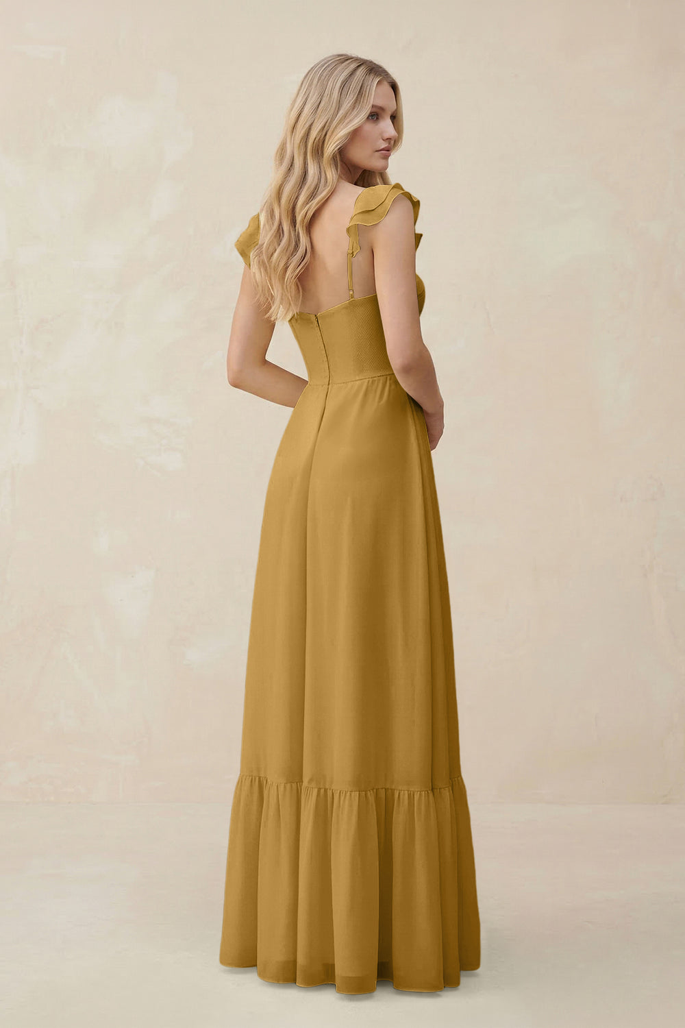 Sweetheart Ruffled Sleeve A-Line Chiffon Bridesmaid Dress in Marigold