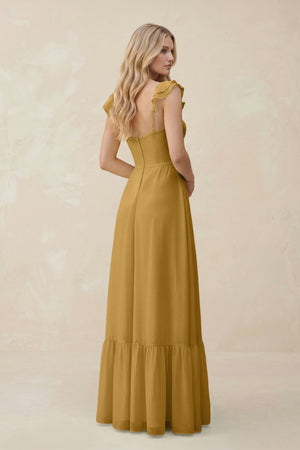 Sweetheart Ruffled Sleeve A-Line Chiffon Bridesmaid Dress in Marigold (2) | KISSBRIDAL