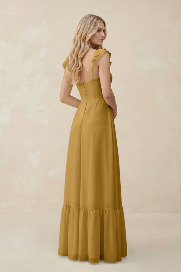Sweetheart Ruffled Sleeve A-Line Chiffon Bridesmaid Dress in Marigold (2) | KISSBRIDAL