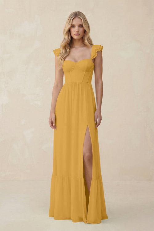 Sweetheart Ruffled Sleeve A - Line Chiffon Bridesmaid Dress in Marigold - SHE IS ME Bridesmaid Dresses