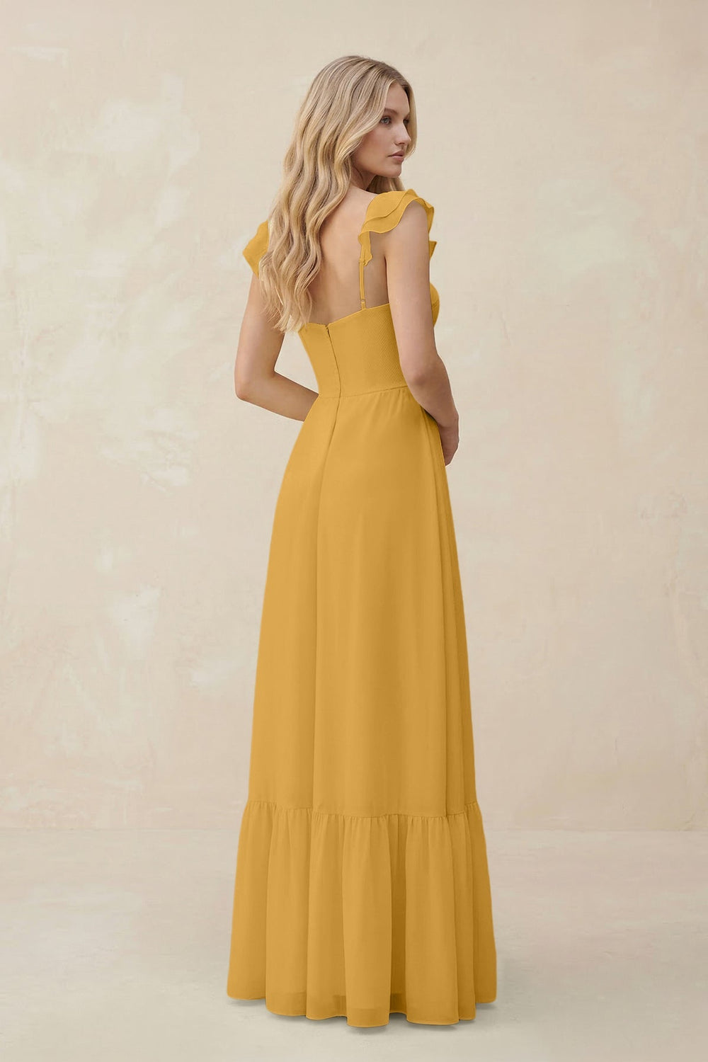 Sweetheart Ruffled Sleeve A - Line Chiffon Bridesmaid Dress in Marigold - KISS BRIDAL Bridesmaid Dresses