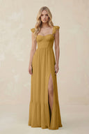 Sweetheart Ruffled Sleeve A-Line Chiffon Bridesmaid Dress in Marigold | KISSBRIDAL