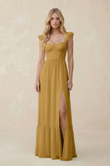Sweetheart Ruffled Sleeve A-Line Chiffon Bridesmaid Dress in Marigold | KISSBRIDAL