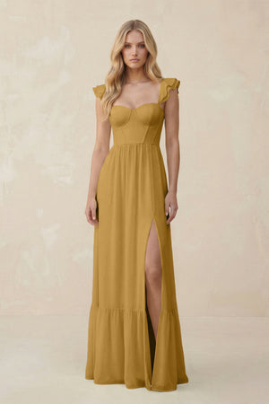 Sweetheart Ruffled Sleeve A-Line Chiffon Bridesmaid Dress in Marigold | KISSBRIDAL