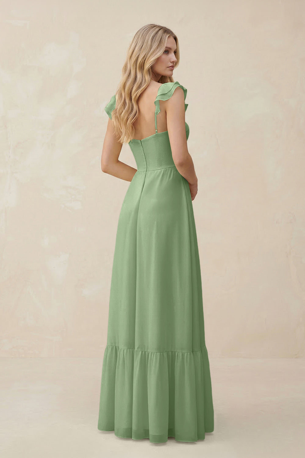 Sweetheart Ruffled Sleeve A-Line Chiffon Bridesmaid Dress in Matcha