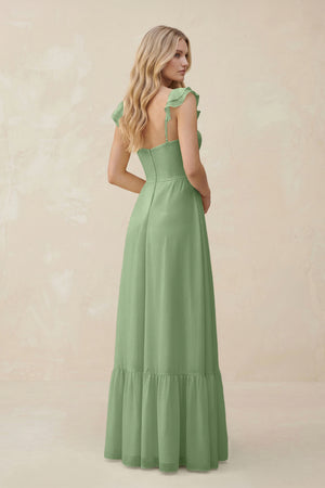 Sweetheart Ruffled Sleeve A-Line Chiffon Bridesmaid Dress in Matcha (2) | KISSBRIDAL