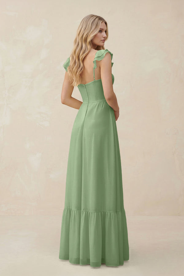 Sweetheart Ruffled Sleeve A-Line Chiffon Bridesmaid Dress in Matcha (2) | KISSBRIDAL