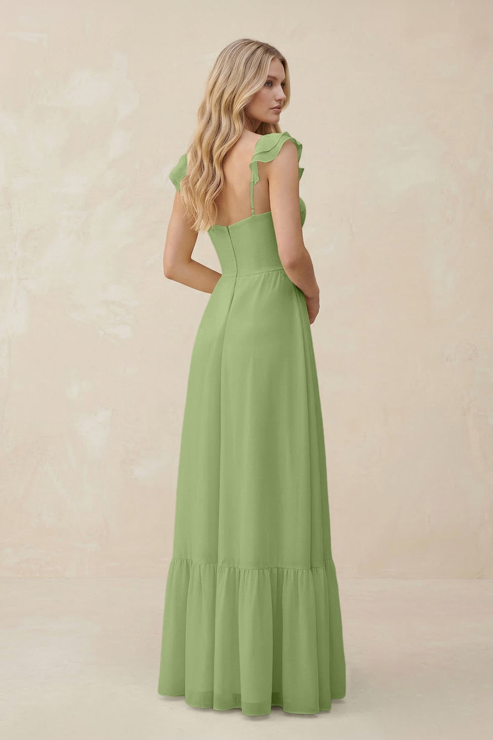 Sweetheart Ruffled Sleeve A - Line Chiffon Bridesmaid Dress in Matcha - KISS BRIDAL Bridesmaid Dresses