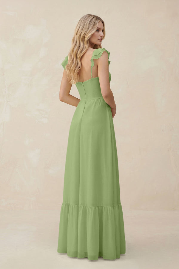 Sweetheart Ruffled Sleeve A - Line Chiffon Bridesmaid Dress in Matcha - SHE IS ME Bridesmaid Dresses