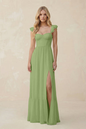 Sweetheart Ruffled Sleeve A - Line Chiffon Bridesmaid Dress in Matcha - SHE IS ME Bridesmaid Dresses