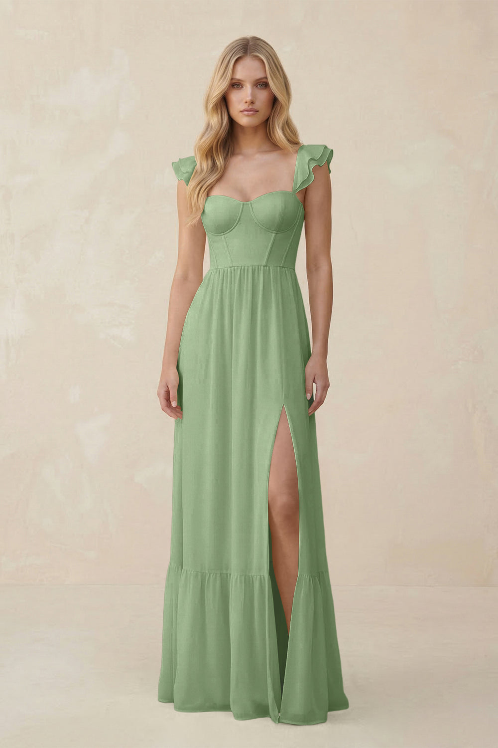 Sweetheart Ruffled Sleeve A-Line Chiffon Bridesmaid Dress in Matcha