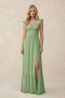 Sweetheart Ruffled Sleeve A-Line Chiffon Bridesmaid Dress in Matcha | KISSBRIDAL