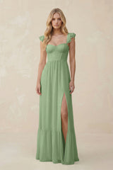 Sweetheart Ruffled Sleeve A-Line Chiffon Bridesmaid Dress in Matcha | KISSBRIDAL