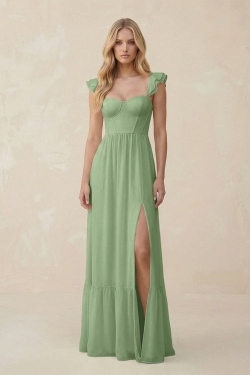 Sweetheart Ruffled Sleeve A-Line Chiffon Bridesmaid Dress in Matcha | KISSBRIDAL