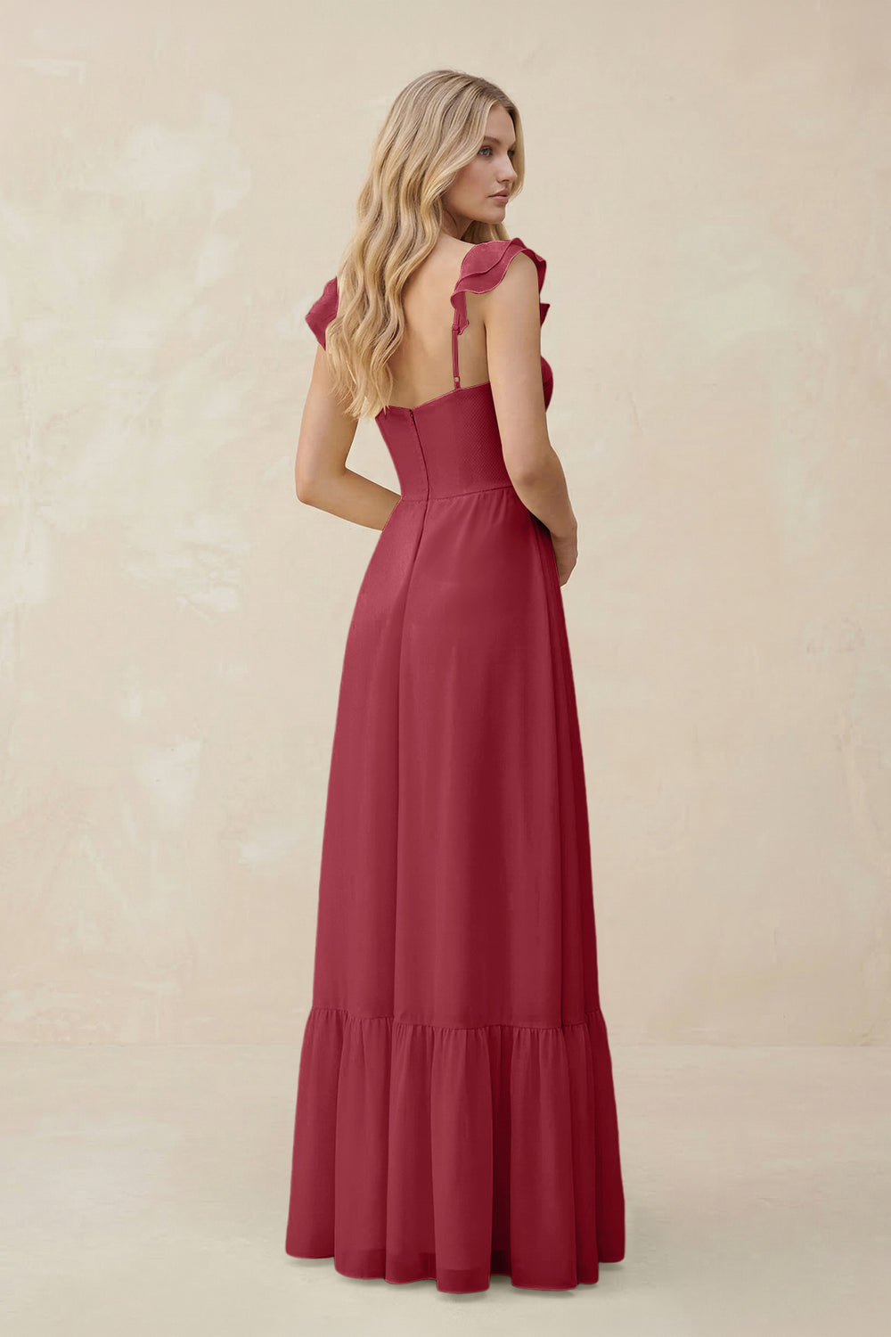 Sweetheart Ruffled Sleeve A-Line Chiffon Bridesmaid Dress in Merlot