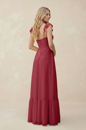 Sweetheart Ruffled Sleeve A-Line Chiffon Bridesmaid Dress in Merlot (2) | KISSBRIDAL