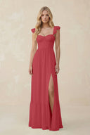 Sweetheart Ruffled Sleeve A - Line Chiffon Bridesmaid Dress in Merlot - SHE IS ME Bridesmaid Dresses