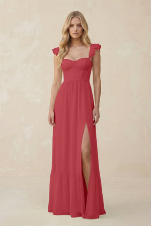 Sweetheart Ruffled Sleeve A - Line Chiffon Bridesmaid Dress in Merlot - SHE IS ME Bridesmaid Dresses