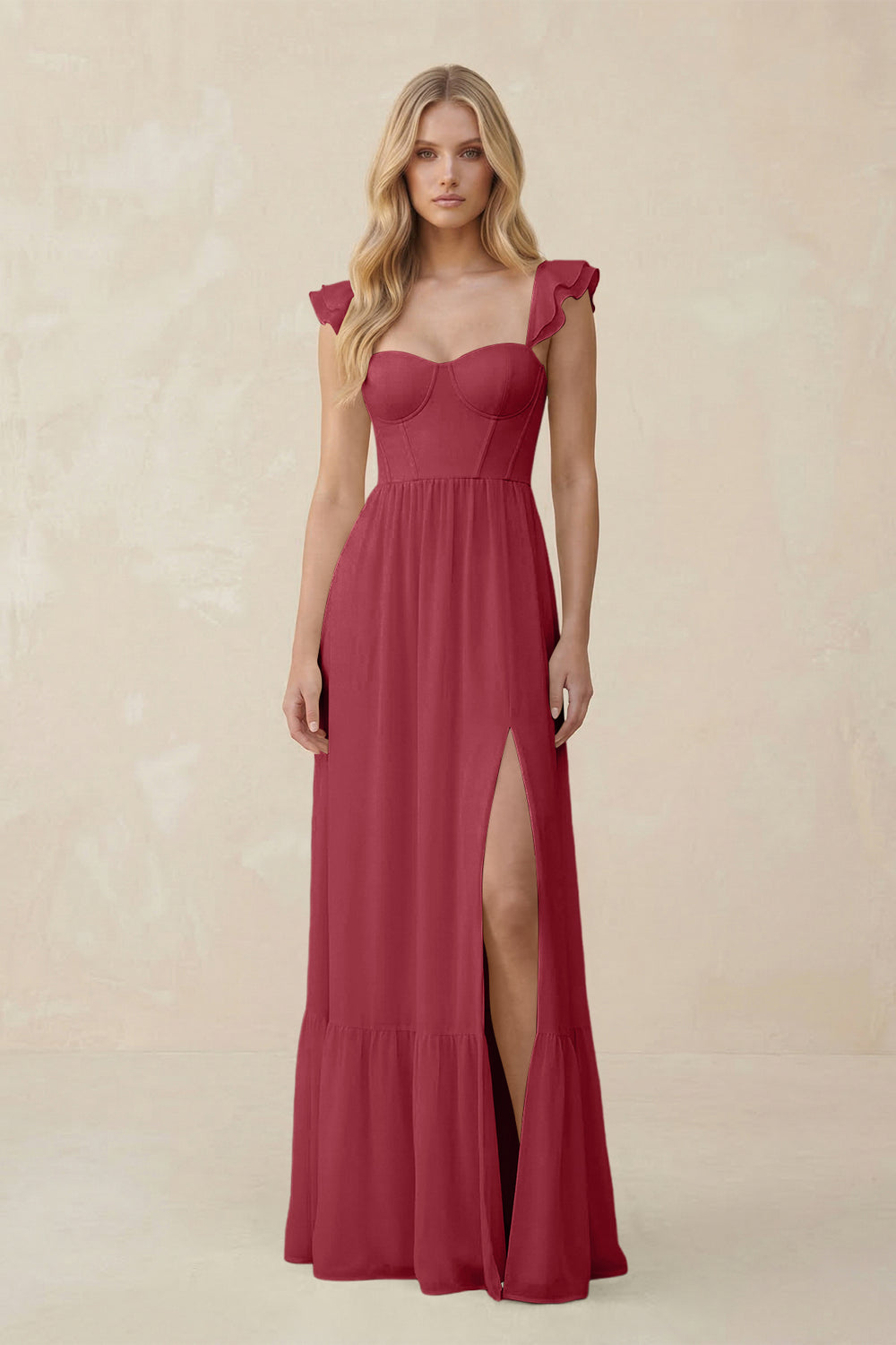 Sweetheart Ruffled Sleeve A-Line Chiffon Bridesmaid Dress in Merlot