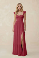 Sweetheart Ruffled Sleeve A-Line Chiffon Bridesmaid Dress in Merlot | KISSBRIDAL