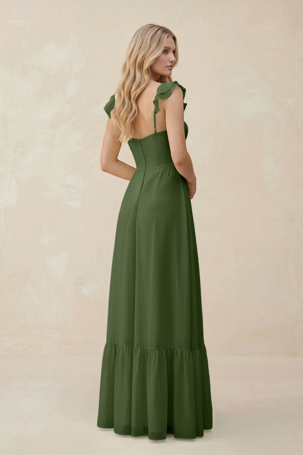 Sweetheart Ruffled Sleeve A-Line Chiffon Bridesmaid Dress in Moss