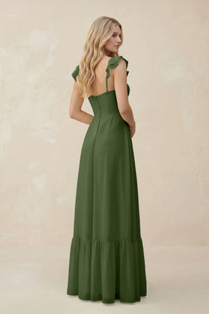 Sweetheart Ruffled Sleeve A-Line Chiffon Bridesmaid Dress in Moss (2) | KISSBRIDAL