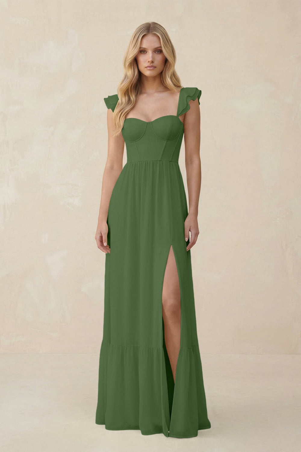 Sweetheart Ruffled Sleeve A - Line Chiffon Bridesmaid Dress in Moss - KISS BRIDAL Bridesmaid Dresses
