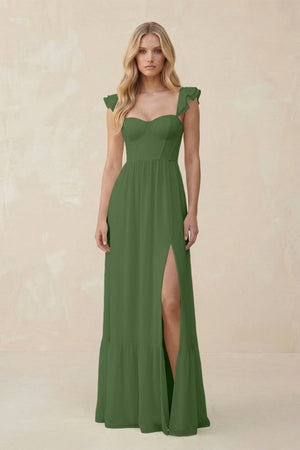 Sweetheart Ruffled Sleeve A - Line Chiffon Bridesmaid Dress in Moss - SHE IS ME Bridesmaid Dresses