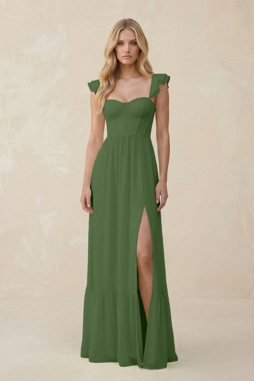 Sweetheart Ruffled Sleeve A - Line Chiffon Bridesmaid Dress in Moss - SHE IS ME Bridesmaid Dresses