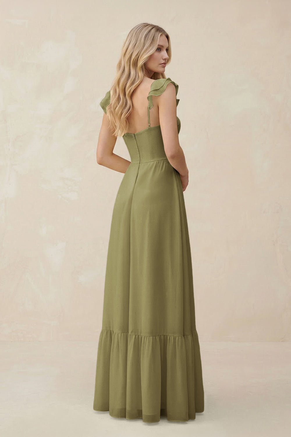 Sweetheart Ruffled Sleeve A-Line Chiffon Bridesmaid Dress in Moss Green