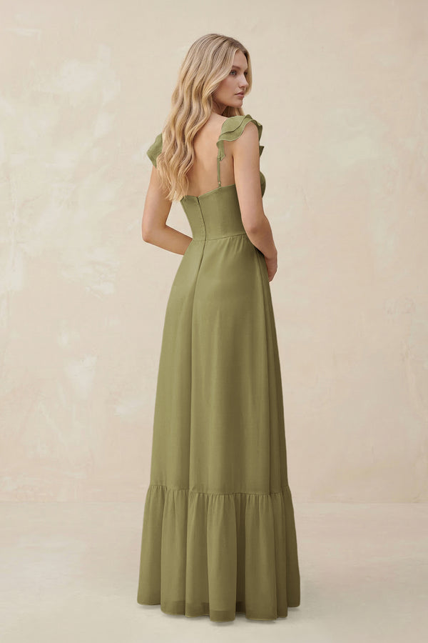 Sweetheart Ruffled Sleeve A-Line Chiffon Bridesmaid Dress in Moss Green (2) | KISSBRIDAL