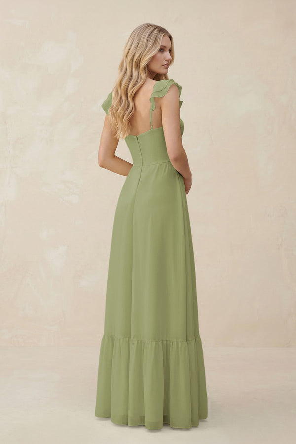 Sweetheart Ruffled Sleeve A - Line Chiffon Bridesmaid Dress in Moss Green - SHE IS ME Bridesmaid Dresses