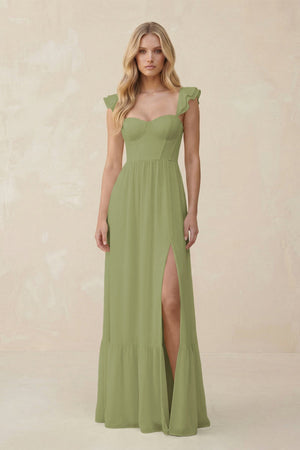 Sweetheart Ruffled Sleeve A - Line Chiffon Bridesmaid Dress in Moss Green - SHE IS ME Bridesmaid Dresses