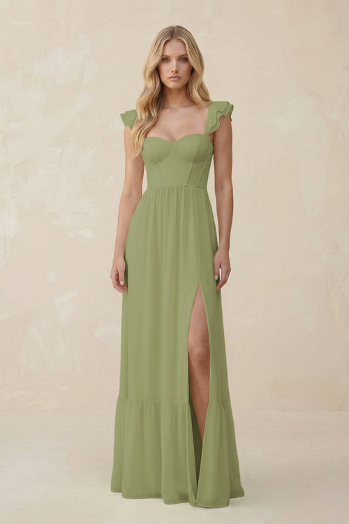 Sweetheart Ruffled Sleeve A - Line Chiffon Bridesmaid Dress in Moss Green - SHE IS ME Bridesmaid Dresses