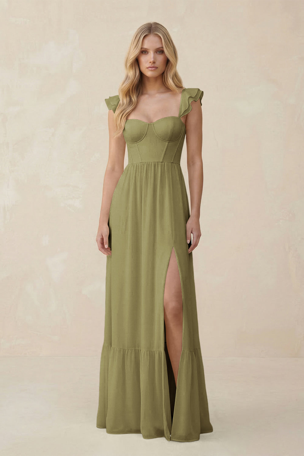 Sweetheart Ruffled Sleeve A-Line Chiffon Bridesmaid Dress in Moss Green