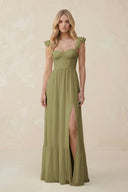 Sweetheart Ruffled Sleeve A-Line Chiffon Bridesmaid Dress in Moss Green | KISSBRIDAL