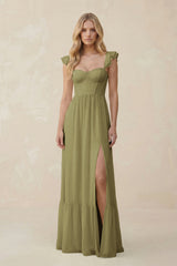 Sweetheart Ruffled Sleeve A-Line Chiffon Bridesmaid Dress in Moss Green | KISSBRIDAL