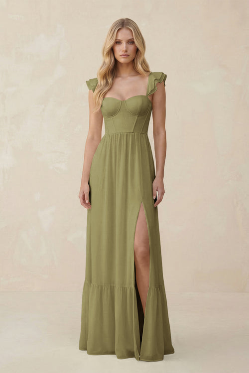 Sweetheart Ruffled Sleeve A-Line Chiffon Bridesmaid Dress in Moss Green | KISSBRIDAL