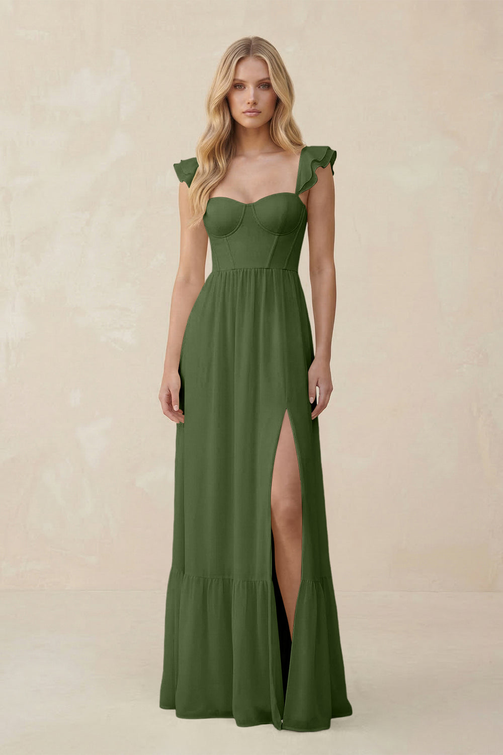 Sweetheart Ruffled Sleeve A-Line Chiffon Bridesmaid Dress in Moss