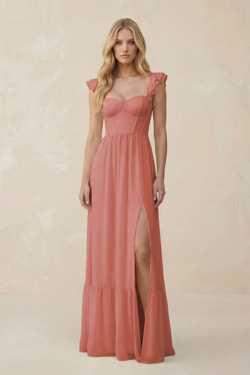 Sweetheart Ruffled Sleeve A-Line Chiffon Bridesmaid Dress in Mulberry