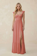 Sweetheart Ruffled Sleeve A-Line Chiffon Bridesmaid Dress in Mulberry | KISSBRIDAL