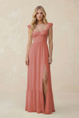 Sweetheart Ruffled Sleeve A-Line Chiffon Bridesmaid Dress in Mulberry | KISSBRIDAL