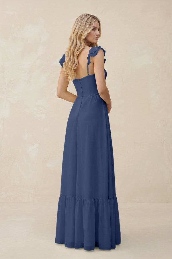 Sweetheart Ruffled Sleeve A - Line Chiffon Bridesmaid Dress in Navy - SHE IS ME Bridesmaid Dresses