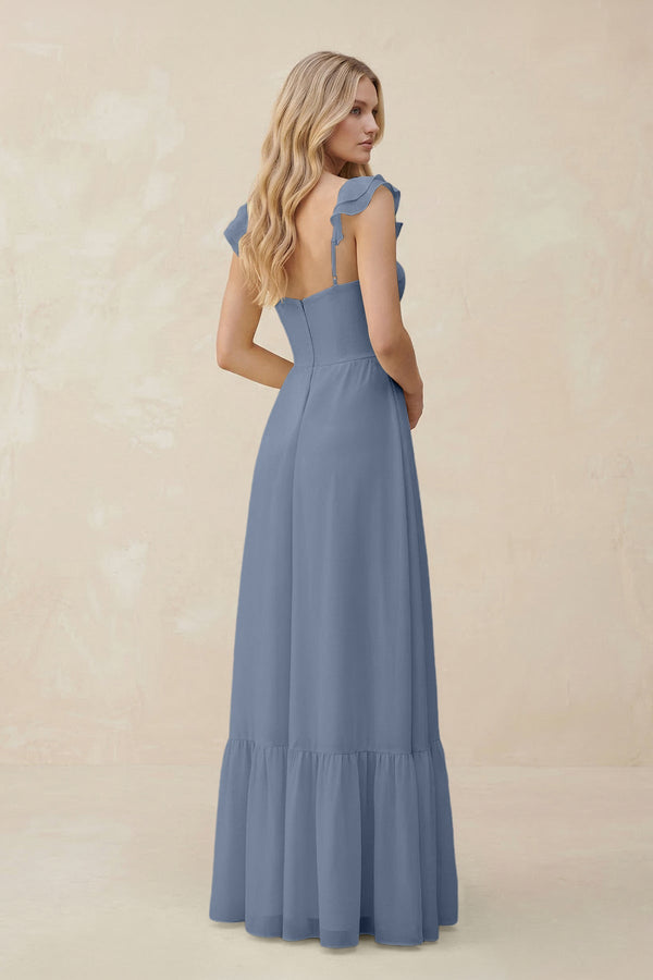 Sweetheart Ruffled Sleeve A - Line Chiffon Bridesmaid Dress in Neptune - SHE IS ME Bridesmaid Dresses
