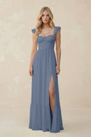 Sweetheart Ruffled Sleeve A - Line Chiffon Bridesmaid Dress in Neptune - SHE IS ME Bridesmaid Dresses