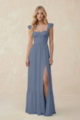 Sweetheart Ruffled Sleeve A - Line Chiffon Bridesmaid Dress in Neptune - KISS BRIDAL Bridesmaid Dresses